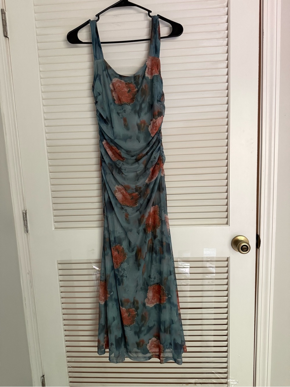 Blue Floral Slip Dress with Rose Accents